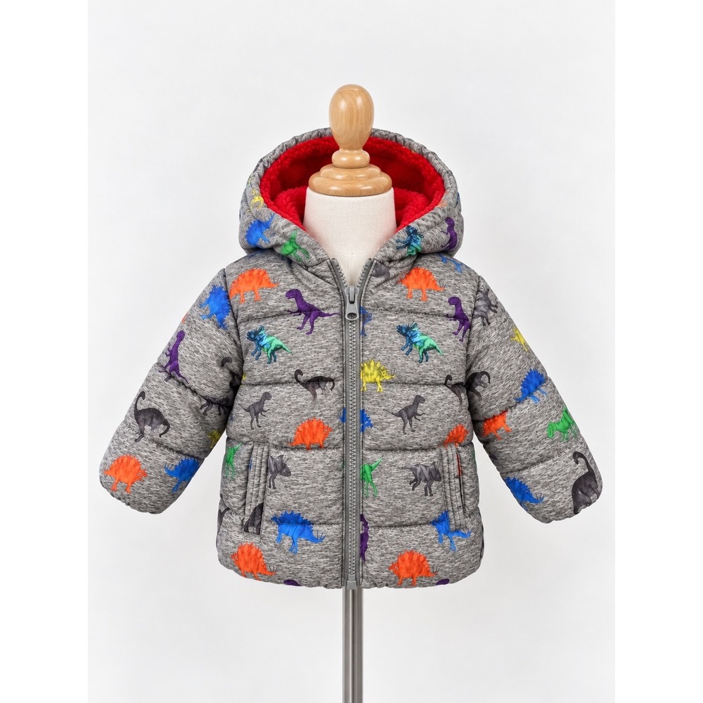 Swiss Tech Kids Dinosaur Puffer Jacket Gray Red Sherpa Hooded Size 18 Months